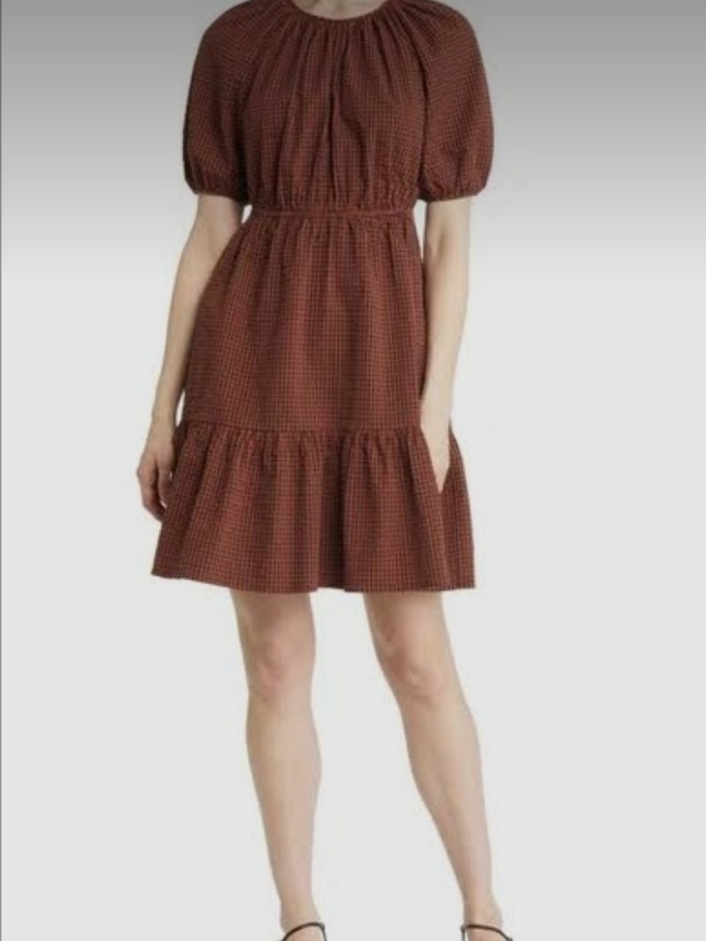 Rails Brown Checked Puff-Sleeve Tiered Dress